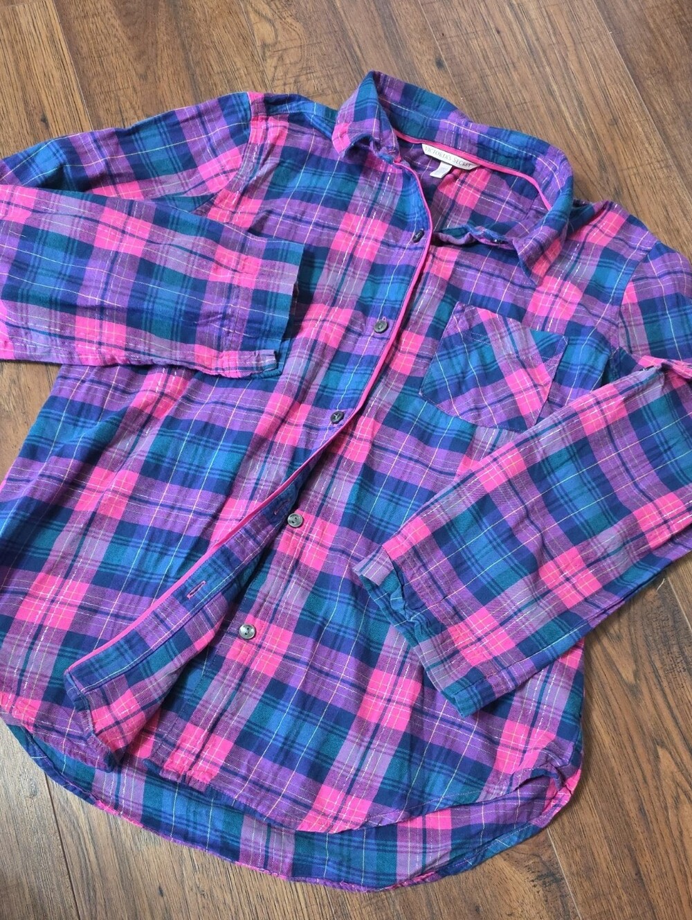 Vintage Victoria's Secret Pink & Blue Plaid Button-Up Pajama Set SP
